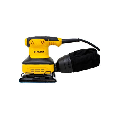Lijadora orbital Stanley amarilla y negra 240W para lija de 1/4, con bolsa recolectora de polvo para madera.