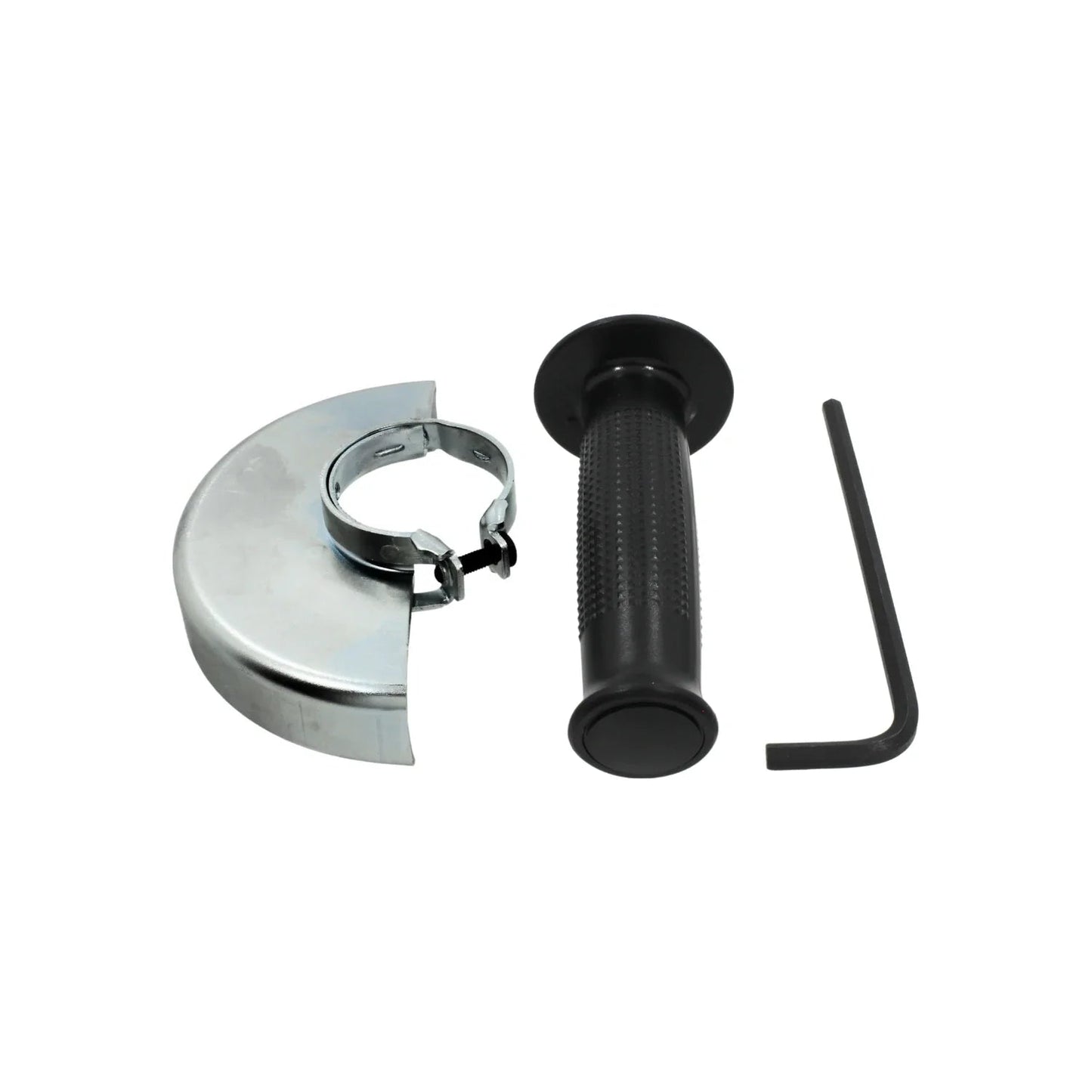 Protector metálico para esmeriladora, mango auxiliar ergonómico negro y llave Allen para montaje.