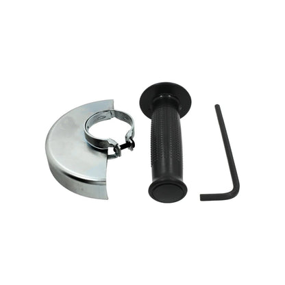 Protector metálico para esmeriladora, mango auxiliar ergonómico negro y llave Allen para montaje.