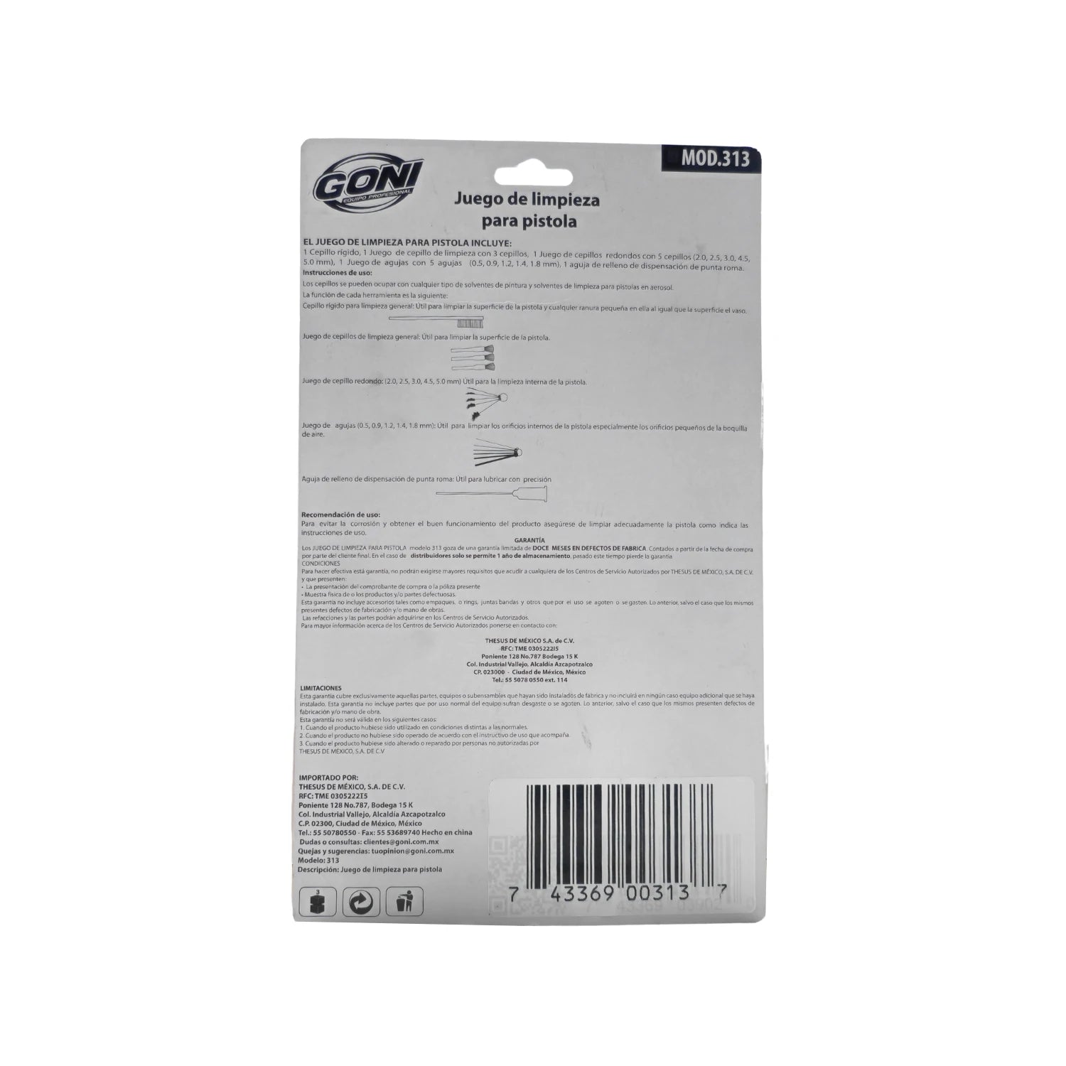 Kit Goni 313 de limpieza para pistola de pintura con cepillos, agujas y lubricador para mantenimiento preciso.