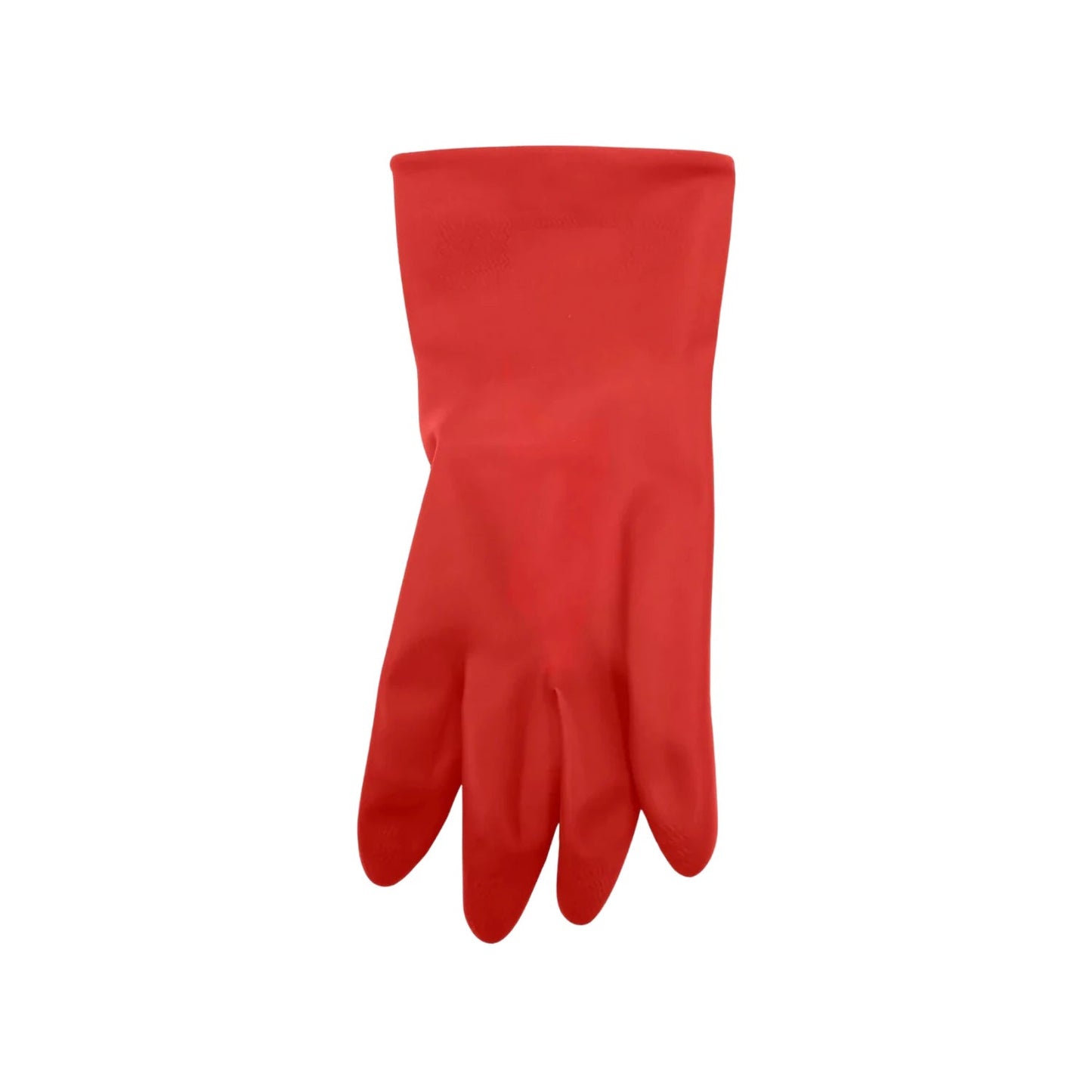 Guante de hule rojo, protección para manos en tareas de limpieza y trabajos de ferretería.