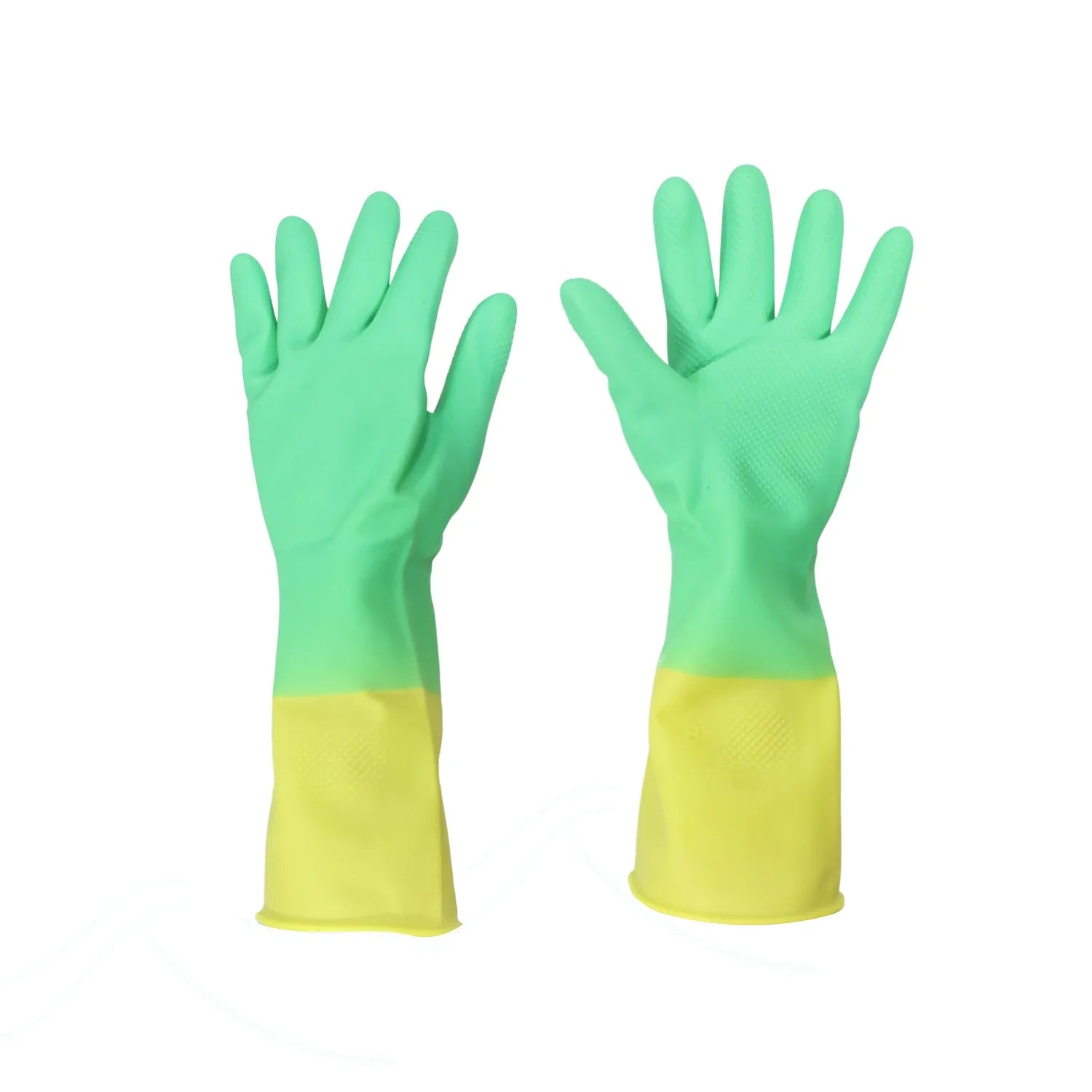 Par de guantes de hule bicolor verde y amarillo para limpieza y protección