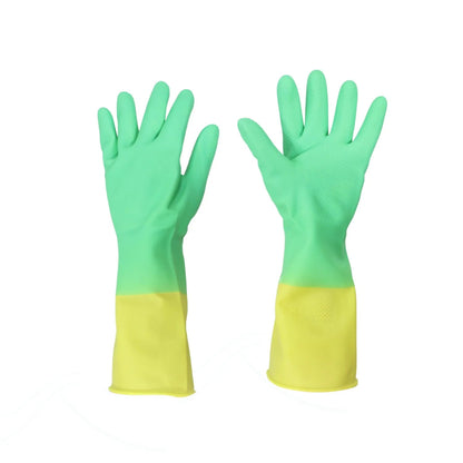 Par de guantes de hule bicolor verde y amarillo para limpieza y protección