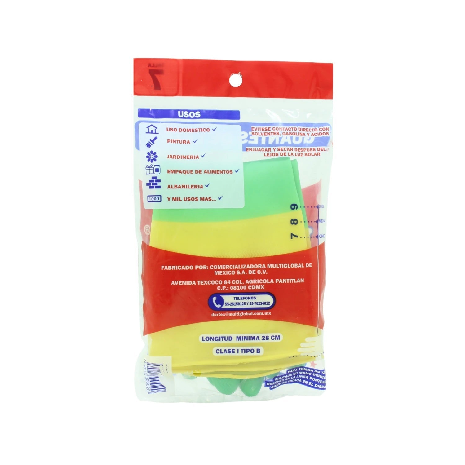 Guantes de hule Durtex talla 7 verdes y amarillos para uso doméstico, jardinería, pintura y albañilería