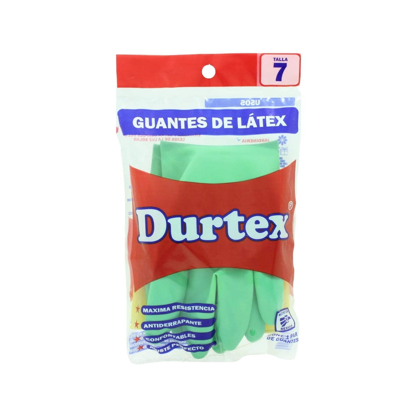 Guantes de látex Durtex talla 7 verdes, antideslizantes y de máxima resistencia para tareas domésticas.
