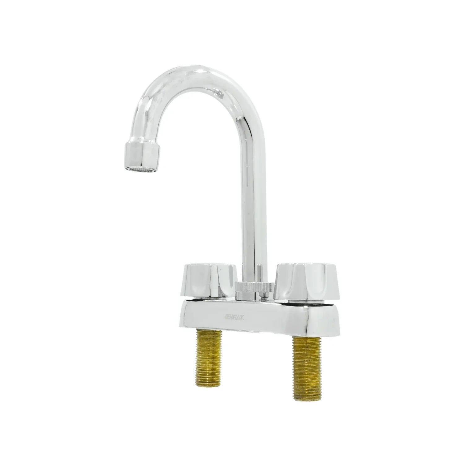 Mezcladora cromada Genflux para lavabo 4 pulgadas, con cuello de ganso y doble maneral.