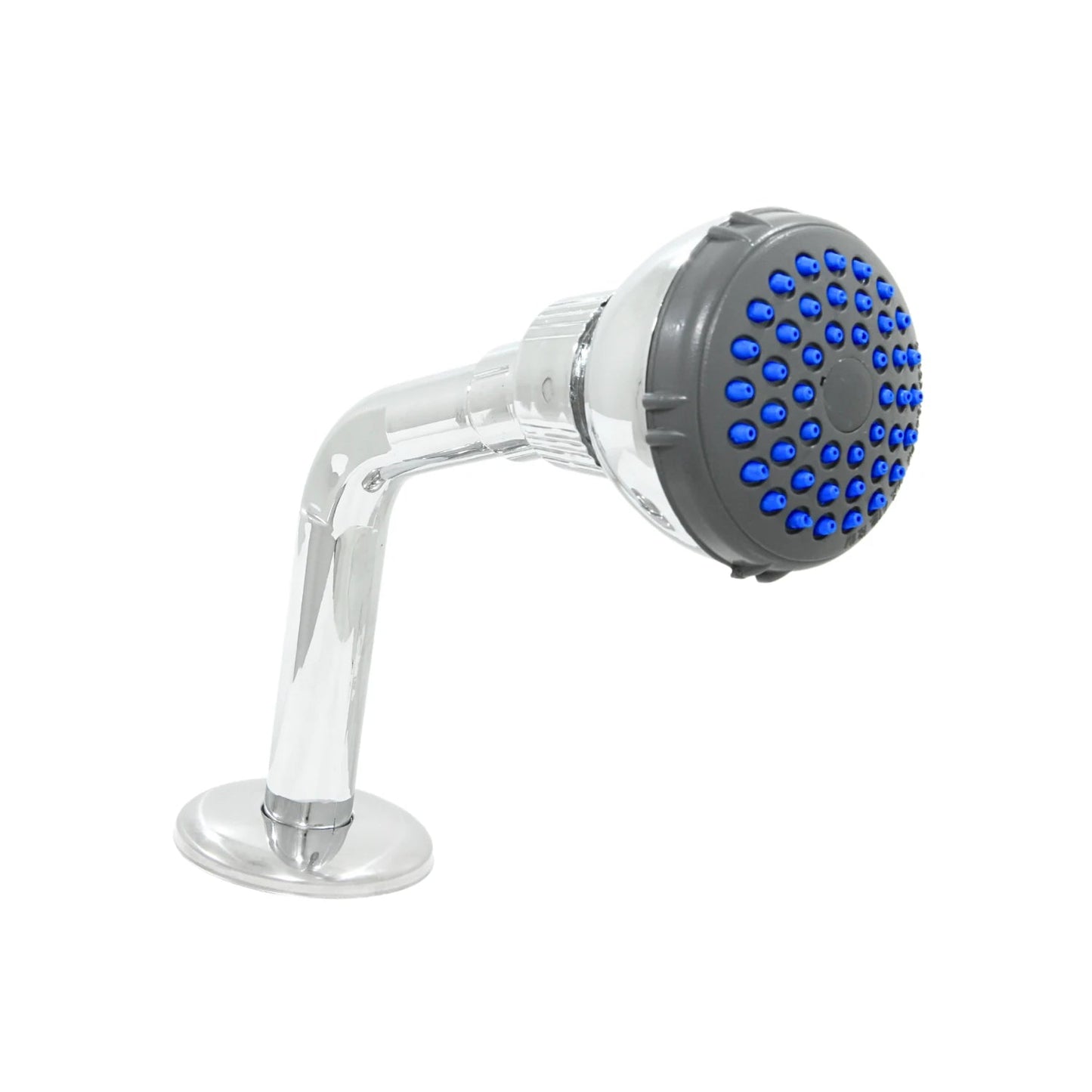 Regadera de ducha cromada, cabezal gris con boquillas azules, para montaje fijo en pared.