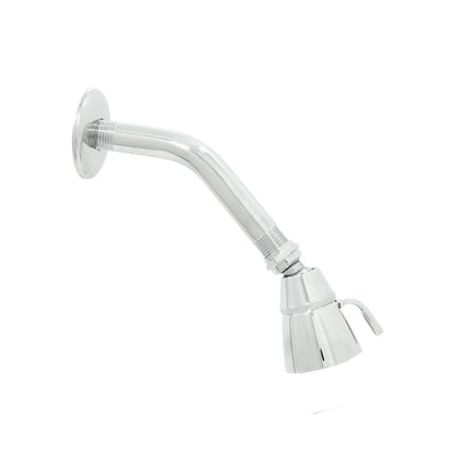 Regadera de ducha ajustable metálica cromada con brazo curvo y chapetón, para instalación en baño.