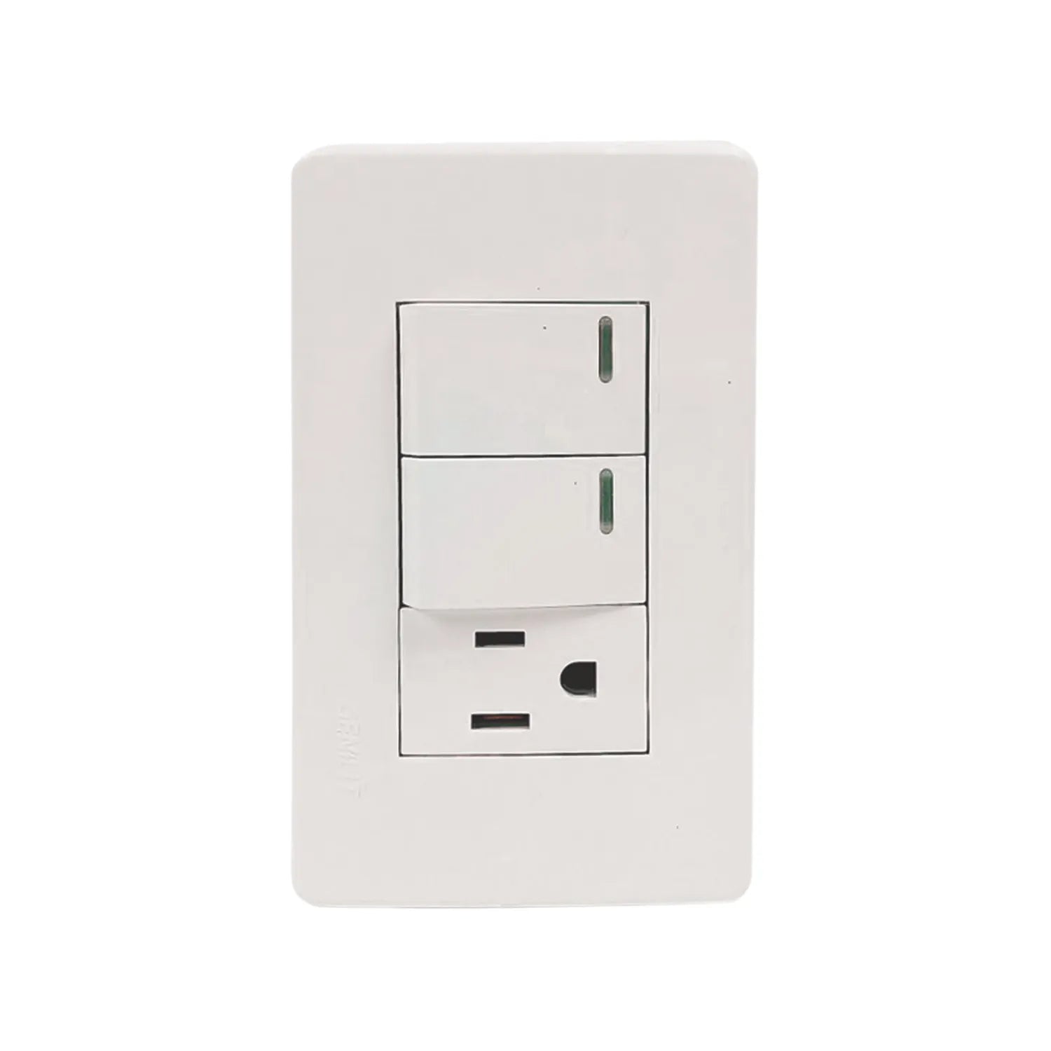 Fabricada de plástico ABS,Placa dos apagadores sencillos y un contacto.,Tomacorriente 127 V - 15 A – 60 Hz,Apagador 250 V – 10 A – 60 Hz,250 V- 10 A - 60 Hz,Blanco.,NOM: NMX-J-005-ANCE-2015