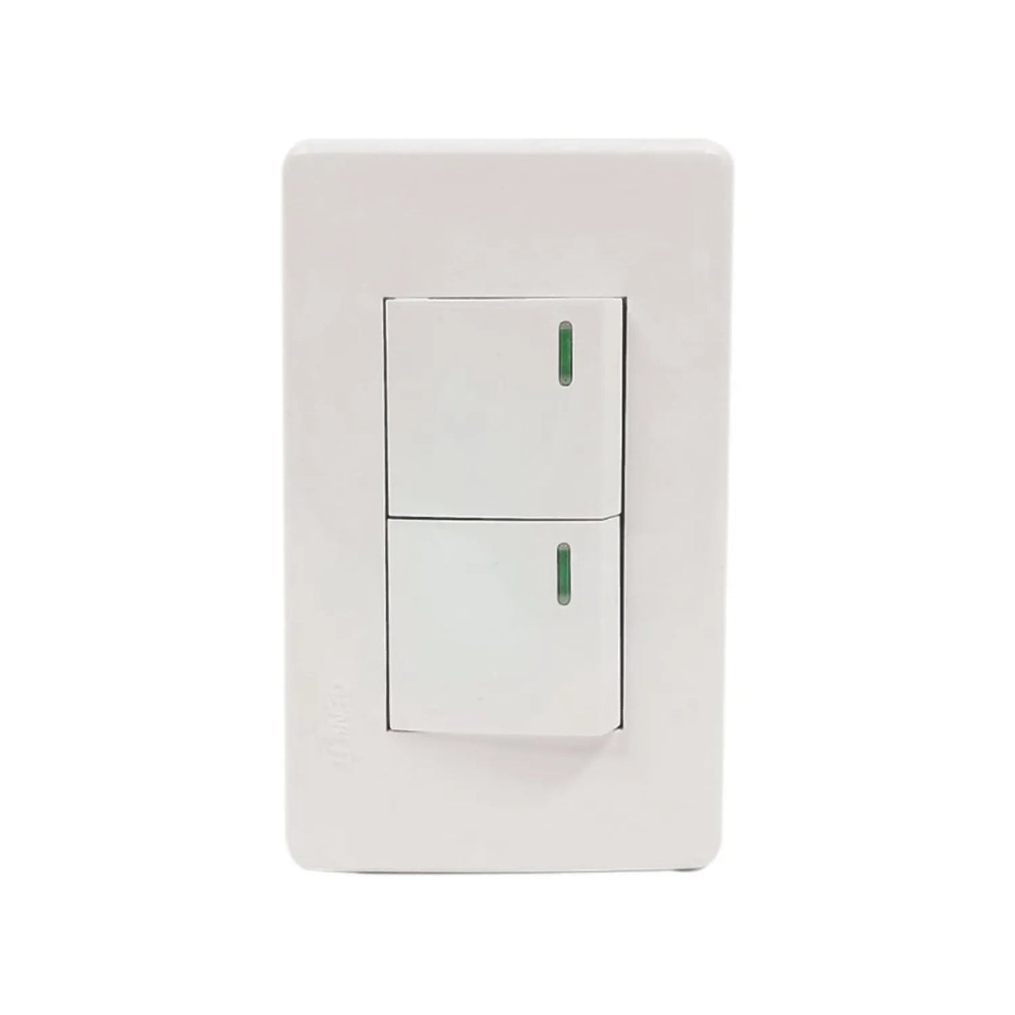 Placa blanca con 2 apagadores eléctricos, interruptor de luz doble de pared con luz indicadora verde.