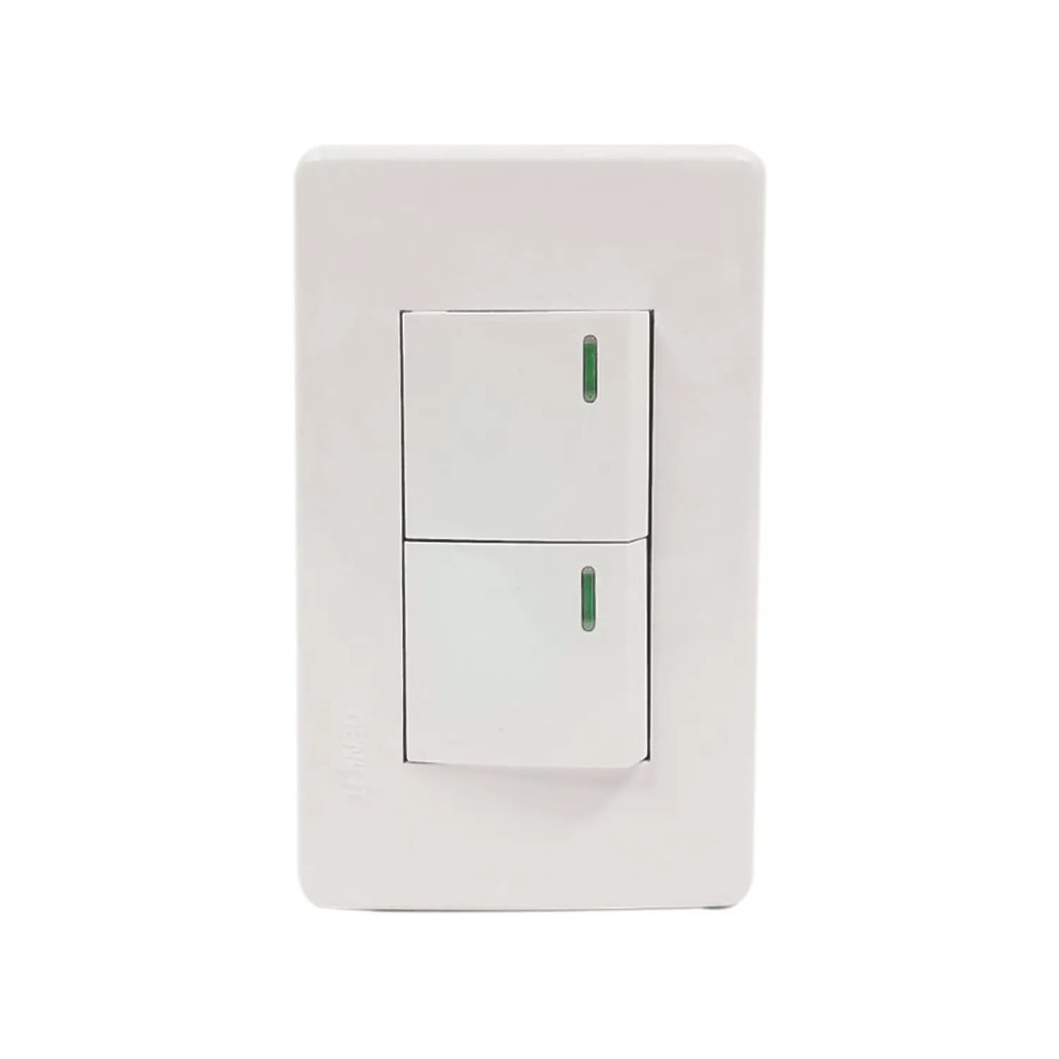 Placa blanca con 2 apagadores eléctricos, interruptor de luz doble de pared con luz indicadora verde.