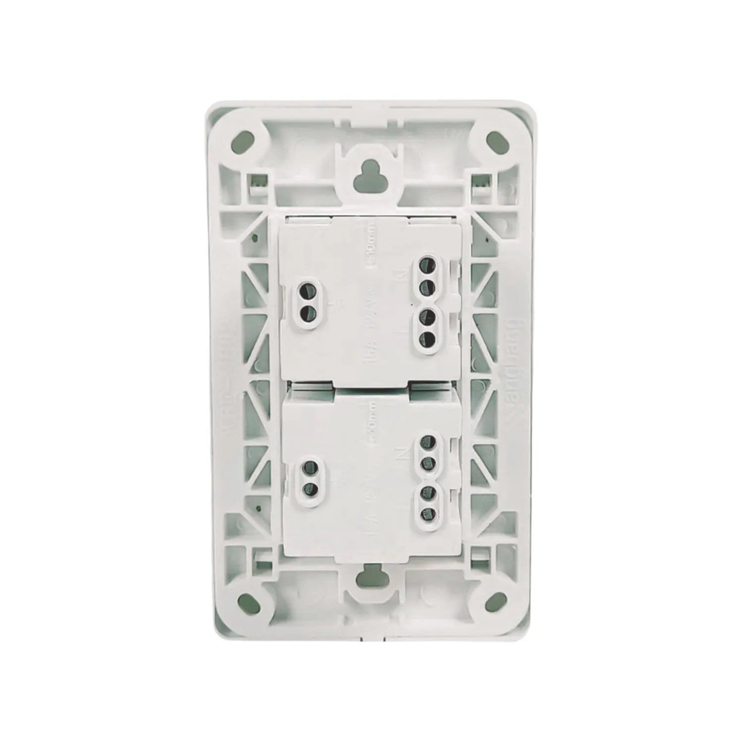 Fabricada de plástico ABS,Placa dos contactos.,125 V – 15 A – 60 Hz,Contactos aterrizados, incluye tornillos.,Blanco.,NOM: NMX-J-005-ANCE-2015