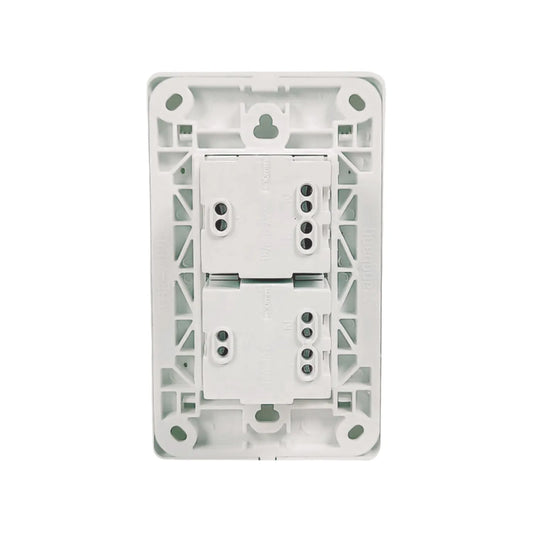 Fabricada de plástico ABS,Placa dos contactos.,125 V – 15 A – 60 Hz,Contactos aterrizados, incluye tornillos.,Blanco.,NOM: NMX-J-005-ANCE-2015