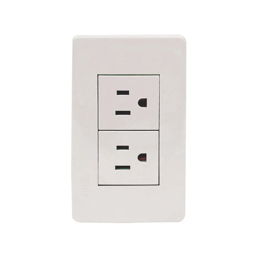 Fabricada de plástico ABS,Placa 2 contactos.,127 V - 15 A - 60 Hz,Contactos aterrizados, incluye tornillos.