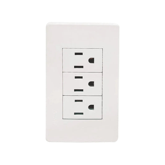 Placa Genlit blanca con 3 tomacorrientes eléctricos polarizados, ideal para instalaciones residenciales.