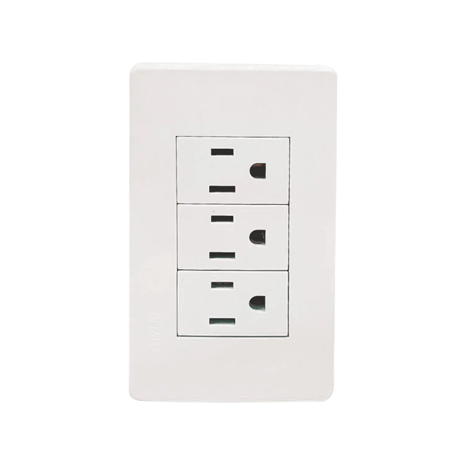 Elaborada de plástico ABS,Placa de tres contactos.,125 V -15A-60 Hz,Contactos aterrizados, incluye tornillos.,Blanco.,NOM: NMX-J-005-ANCE-2015