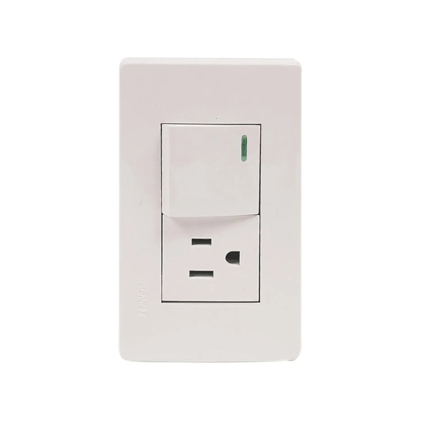 Placa eléctrica blanca Genlit con 1 apagador de luz e indicador verde y 1 contacto de corriente polarizado.