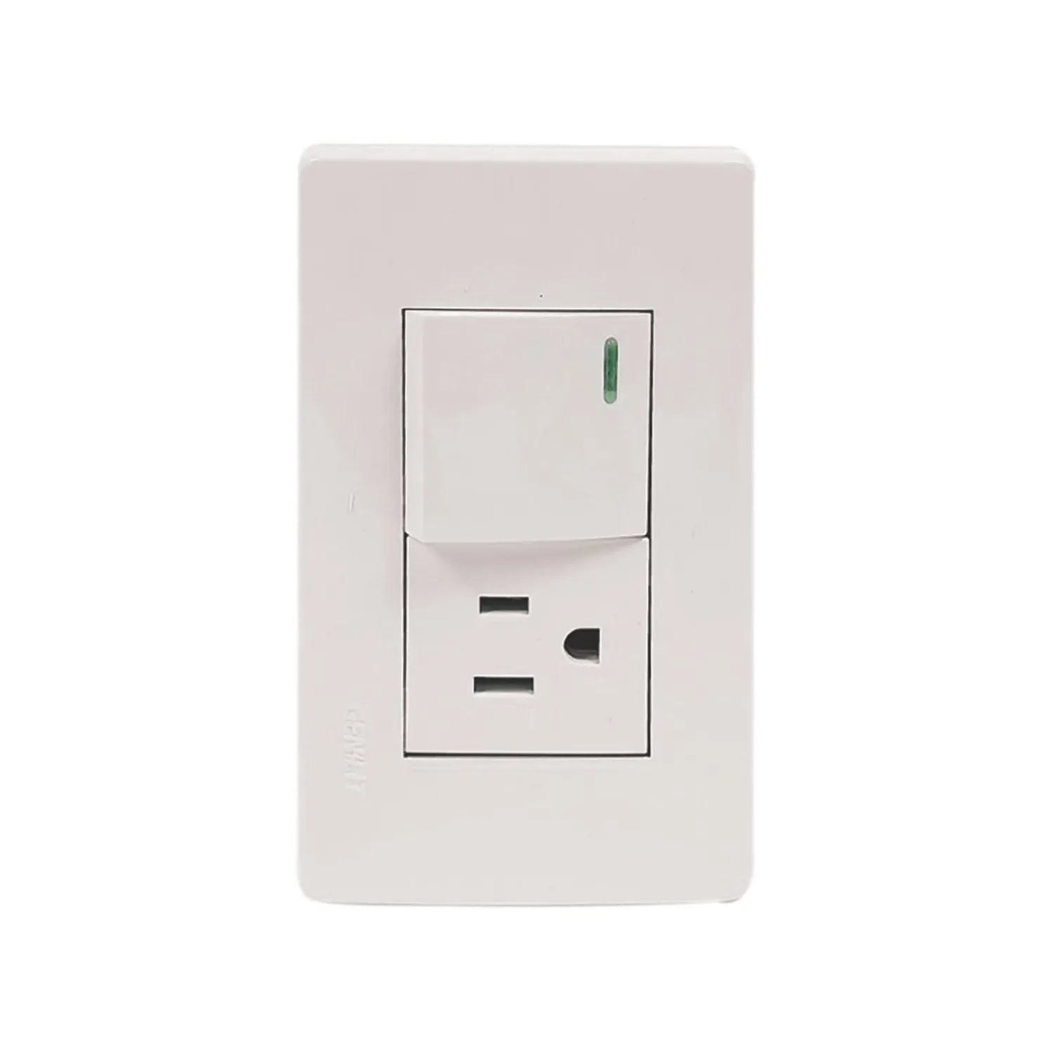 Placa eléctrica blanca Genlit con 1 apagador de luz e indicador verde y 1 contacto de corriente polarizado.