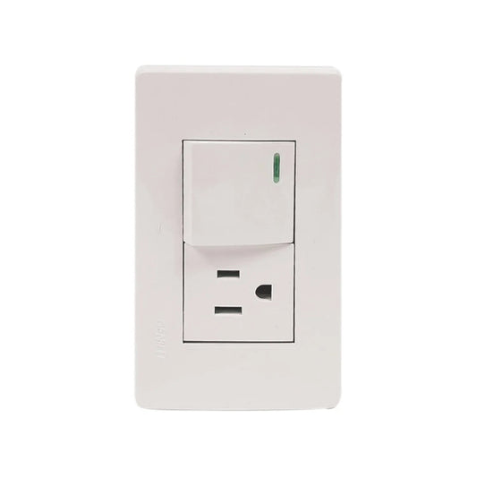 Placa eléctrica blanca Genlit con 1 apagador de luz e indicador verde y 1 contacto de corriente polarizado.