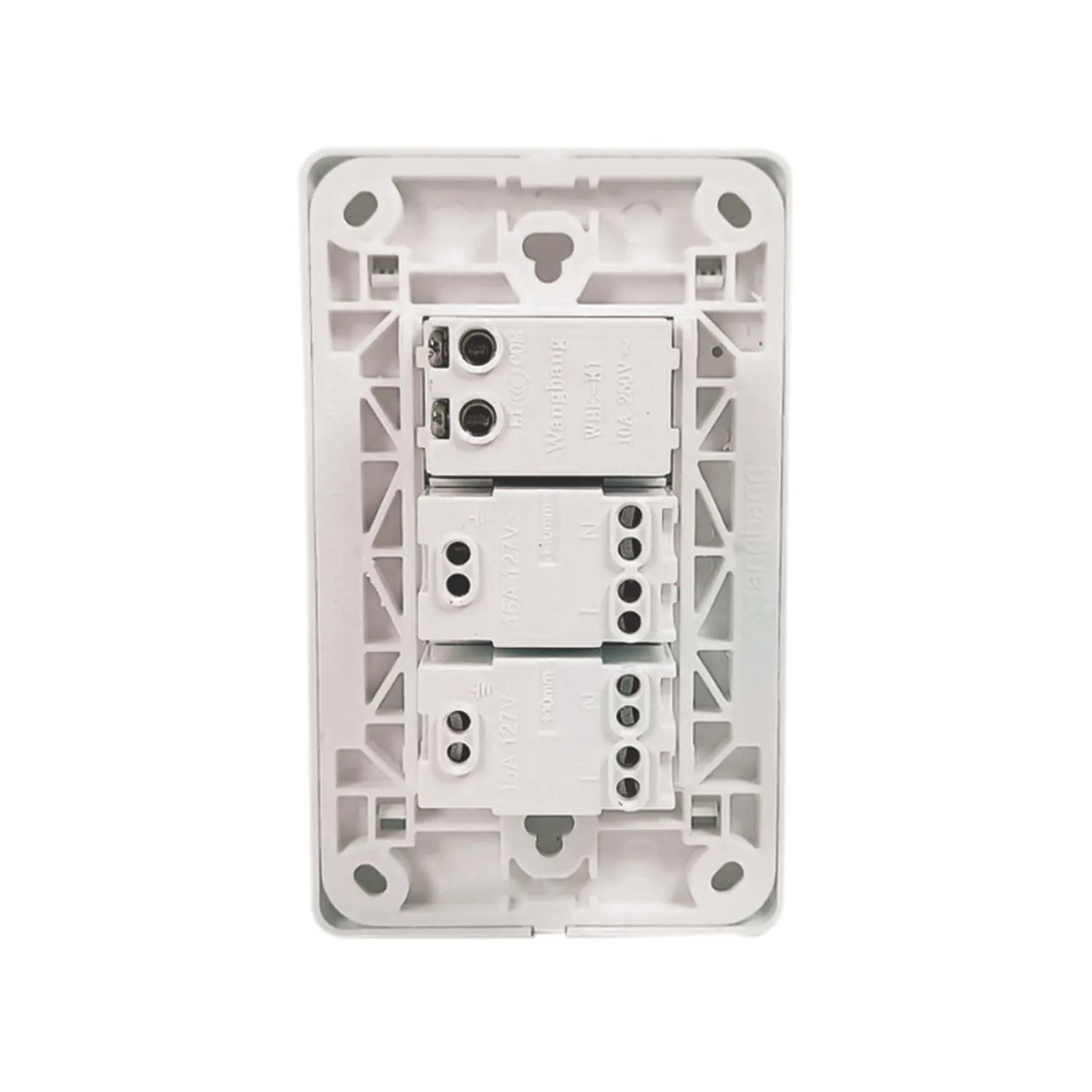 Placa eléctrica blanca modular Wangbang: 1 interruptor 10A 250V y 2 contactos 15A 127V, vista trasera