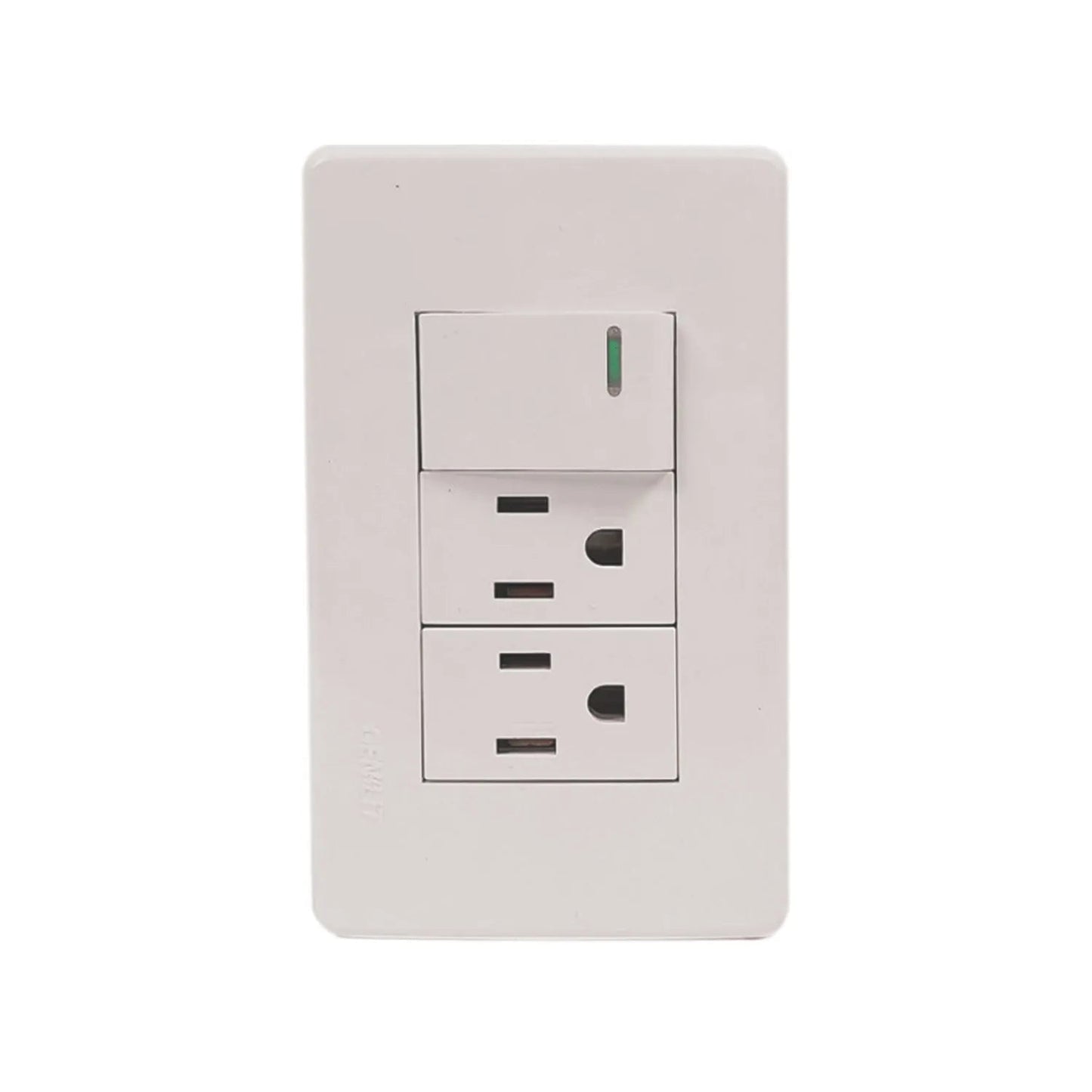 Placa eléctrica Genlit blanca con 1 apagador de luz con indicador LED verde y 2 contactos polarizados.