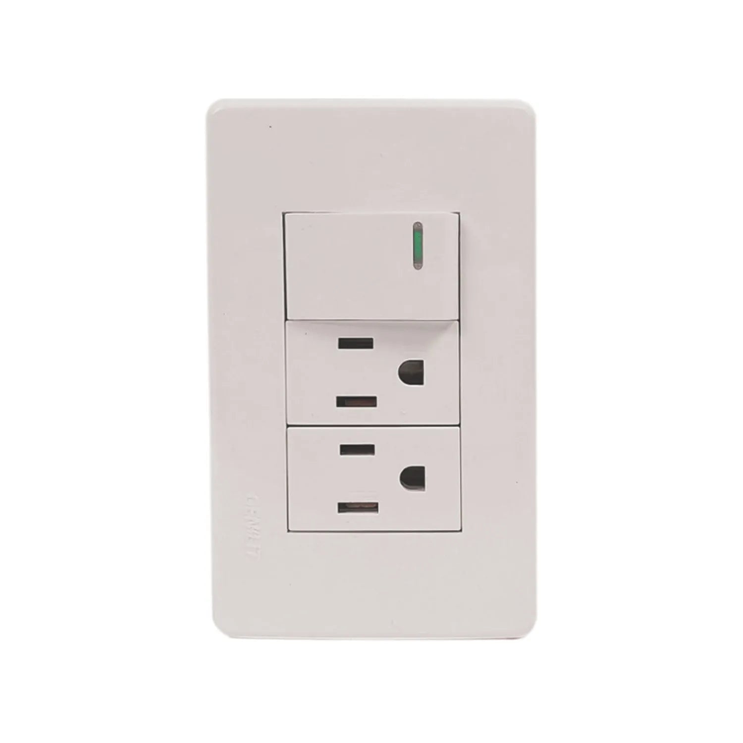 Placa eléctrica Genlit blanca con 1 apagador de luz con indicador LED verde y 2 contactos polarizados.
