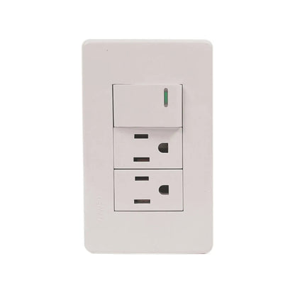 Placa eléctrica Genlit blanca con 1 apagador de luz con indicador LED verde y 2 contactos polarizados.