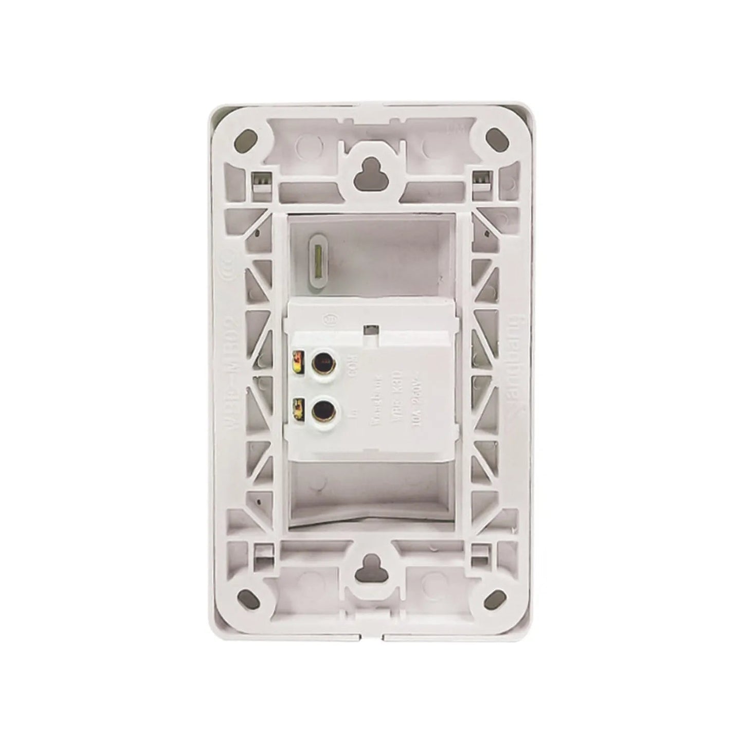Placa blanca de apagador eléctrico, vista posterior con terminales de conexión para cableado 10A 250V