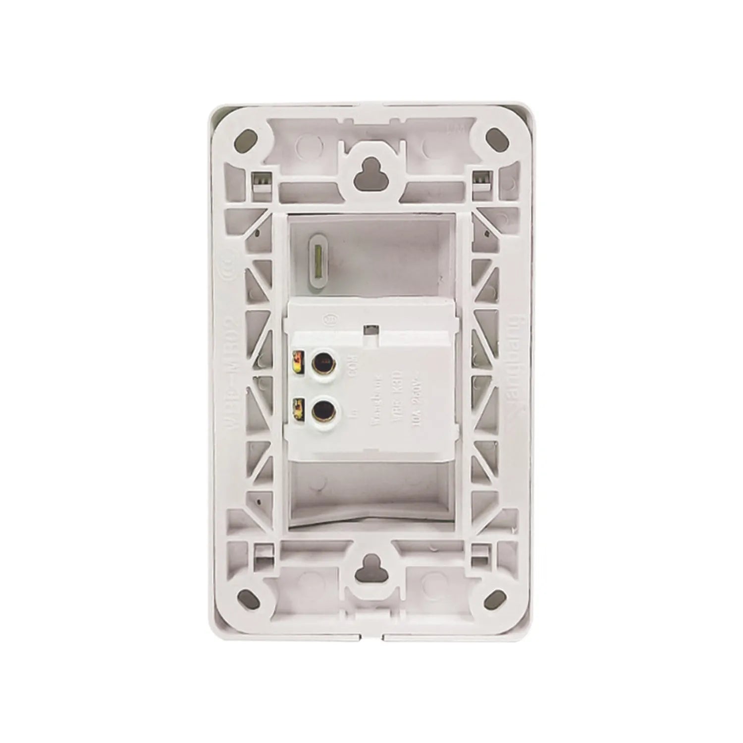 Placa blanca de apagador eléctrico, vista posterior con terminales de conexión para cableado 10A 250V