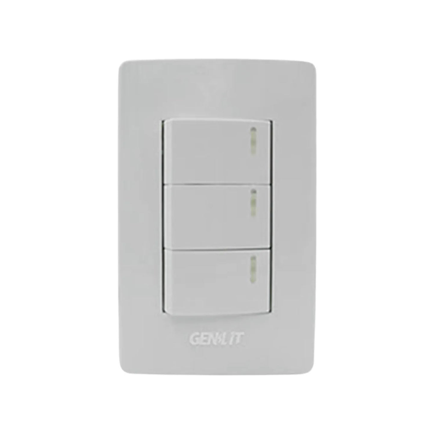 Fabricada de plástico ABS,Placa tres apagadores sencillos.,Indicador fluorescente.,250 V - 10 A – 60 Hz,Blanco.,NOM: NMX-J-005-ANCE-2015