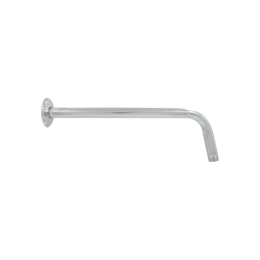 Brazo regadera cromado de 40 cm con chapetón, ideal para instalación de ducha y plomería.