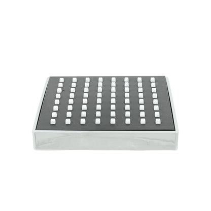 Regadera cuadrada 4" ABS negra con panel de boquillas blancas y acabado cromado