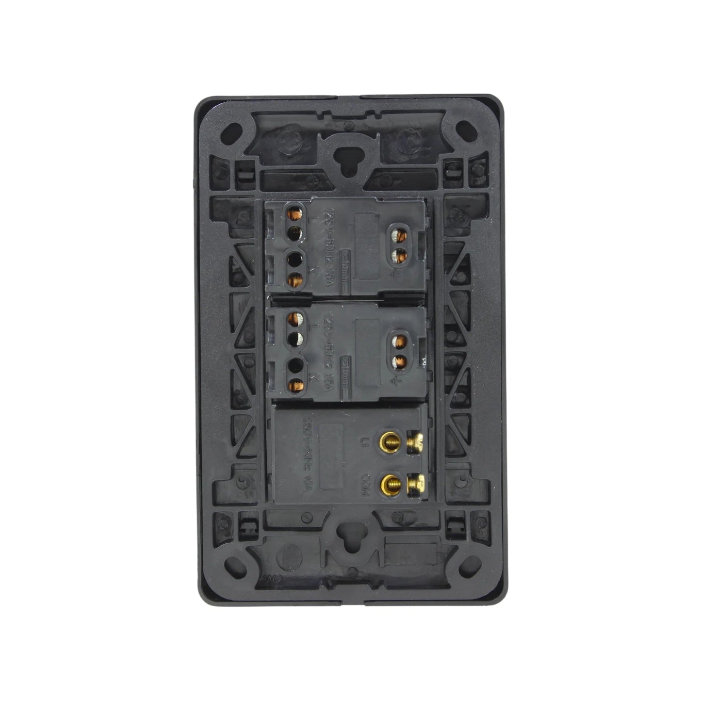 Placa eléctrica modular negra, vista trasera con terminales para conexiones de 250V 16A para apagadores y contactos.