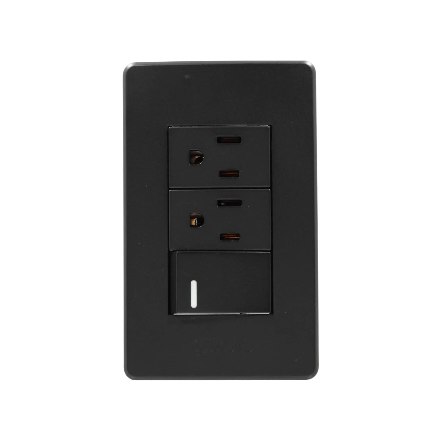 Placa de pared negra con un apagador de luz y dos contactos eléctricos polarizados para instalación