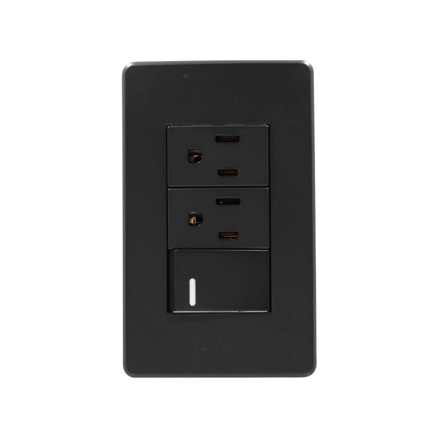 Placa de pared negra con un apagador de luz y dos contactos eléctricos polarizados para instalación