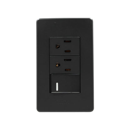 Placa de pared negra con un apagador de luz y dos contactos eléctricos polarizados para instalación