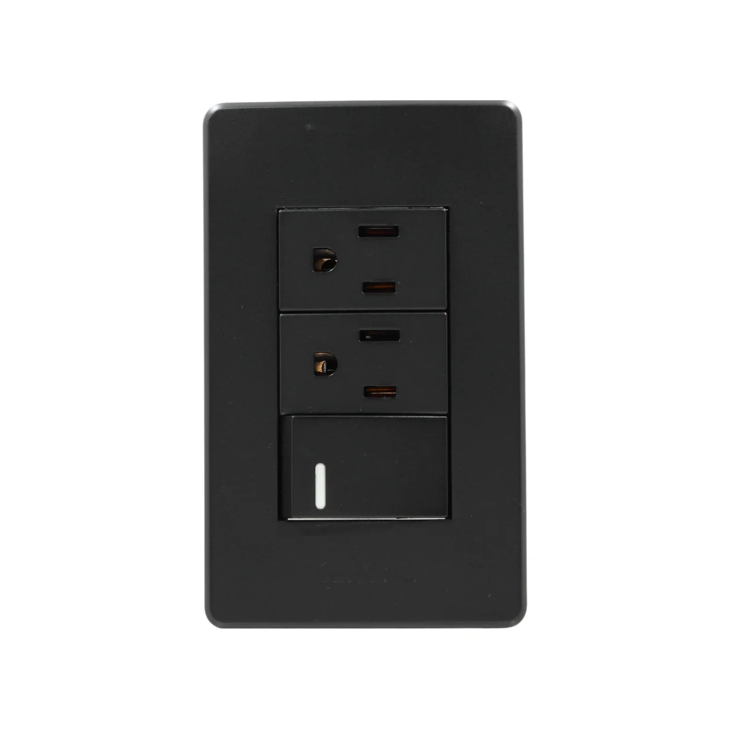Fabricada de plástico ABS,Placa un apagador y dos contactos.,Tomacorriente 127 V - 15 A - 60 Hz,Apagador 250 V – 10 A – 60 Hz,Contactos aterrizados, incluye tornillos.,Gris obscuro.,NOM: NMX-J-005-ANCE-2015
