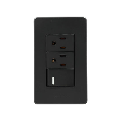 Fabricada de plástico ABS,Placa un apagador y dos contactos.,Tomacorriente 127 V - 15 A - 60 Hz,Apagador 250 V – 10 A – 60 Hz,Contactos aterrizados, incluye tornillos.,Gris obscuro.,NOM: NMX-J-005-ANCE-2015