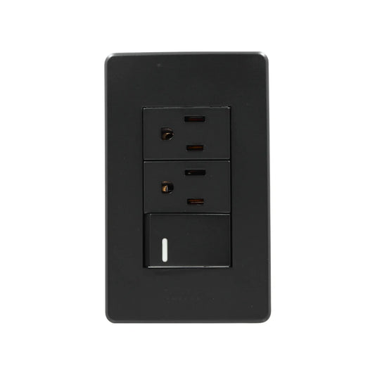 Fabricada de plástico ABS,Placa un apagador y dos contactos.,Tomacorriente 127 V - 15 A - 60 Hz,Apagador 250 V – 10 A – 60 Hz,Contactos aterrizados, incluye tornillos.,Gris obscuro.,NOM: NMX-J-005-ANCE-2015
