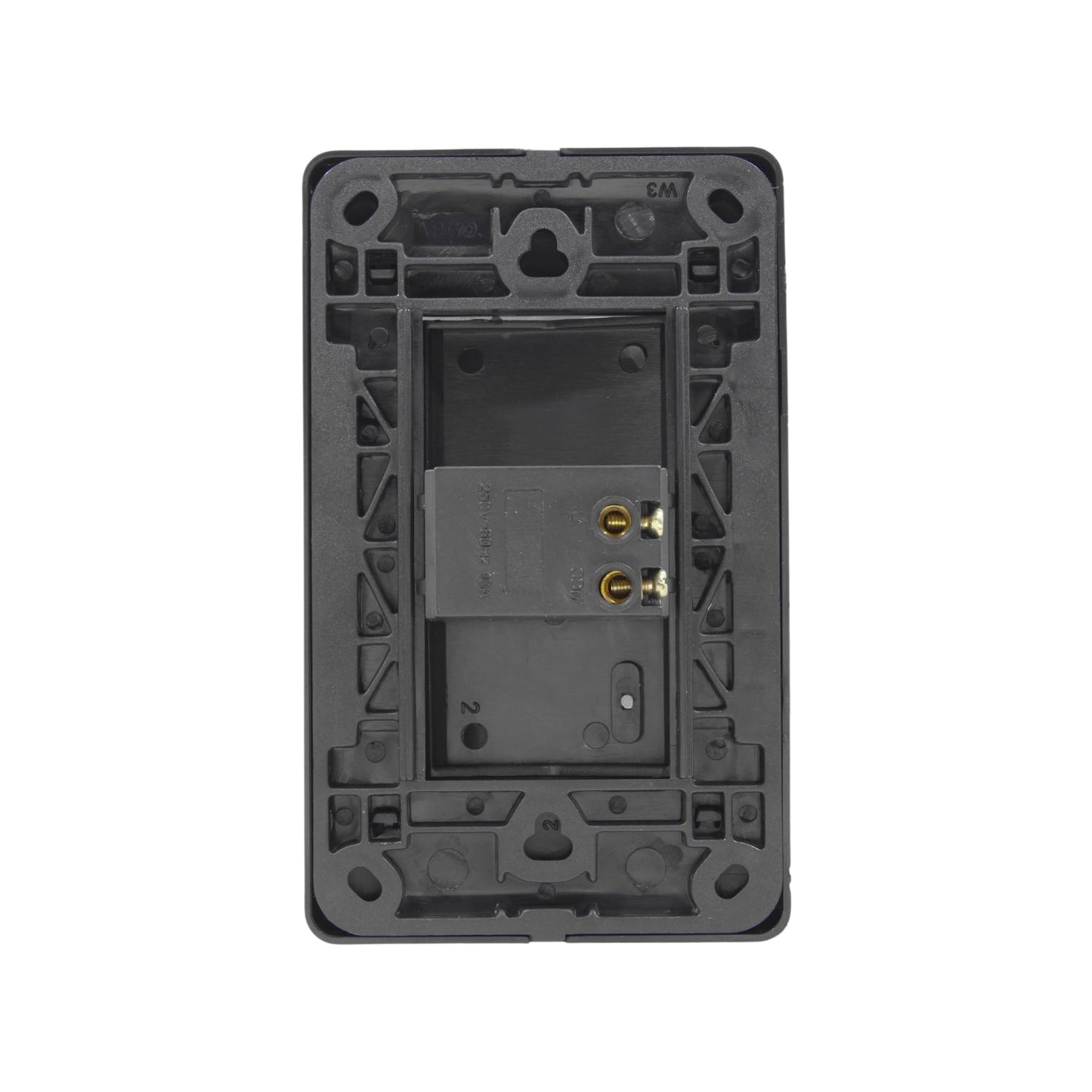 Placa apagador eléctrica negra, parte posterior con módulo de conexión 250V 10A y terminales.