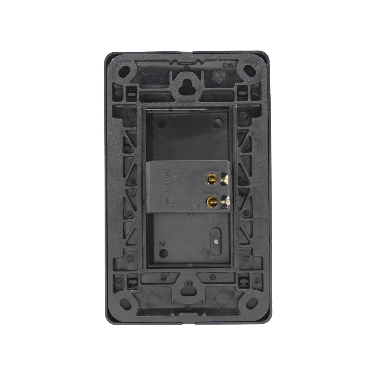 Placa apagador eléctrica negra, parte posterior con módulo de conexión 250V 10A y terminales.