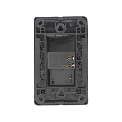 Placa apagador eléctrica negra, parte posterior con módulo de conexión 250V 10A y terminales.