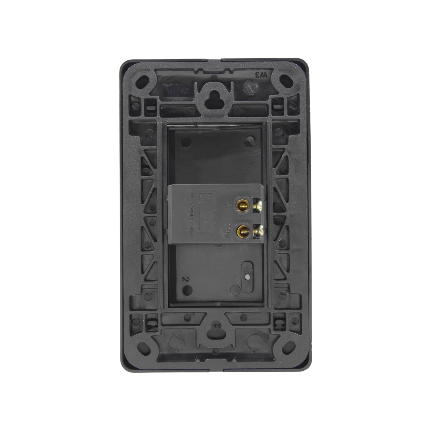 Placa de apagador eléctrica negra, parte trasera con terminales de conexión y orificios de montaje.