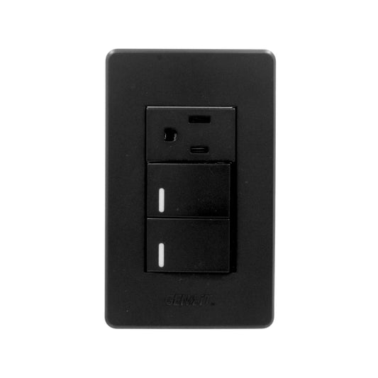 Fabricada de plástico ABS,Placa dos apagadores y un contacto.,Tomacorriente 127 V - 15 A - 60 Hz,Apagador 250 V – 10 A – 60 Hz,Indicador fluorescente.,Contactos aterrizados, incluye tornillos.,NMX-J-005-ANCE-2015