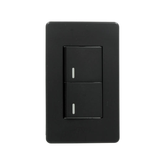 Placa eléctrica negra Genlit con dos apagadores dobles para pared, indicadores blancos.
