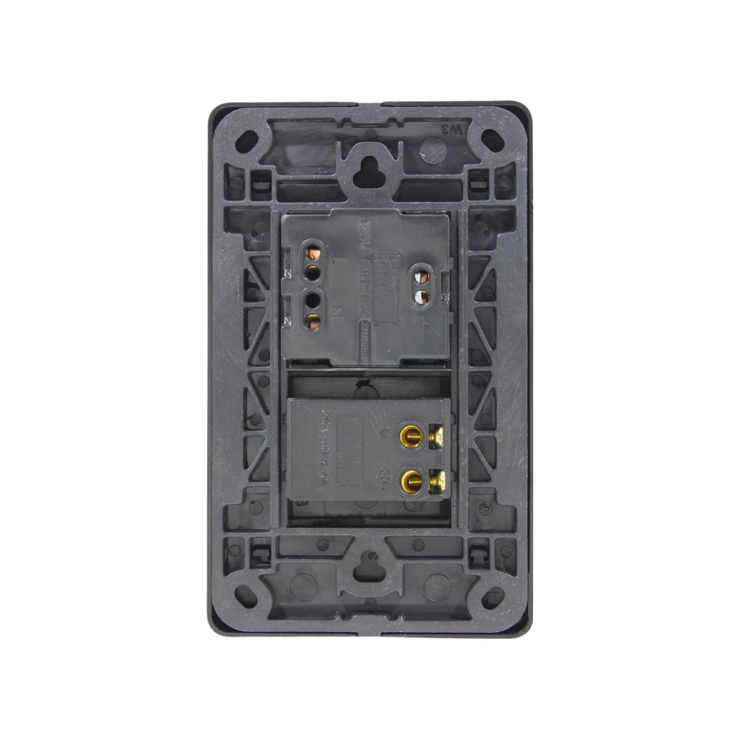 Placa eléctrica trasera negra, conexiones internas para apagador y contacto, 15A 125V, montaje