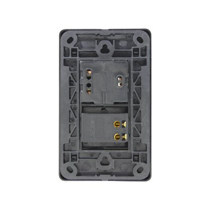 Placa eléctrica negra para 1 apagador y 1 contacto, vista trasera con terminales de conexión