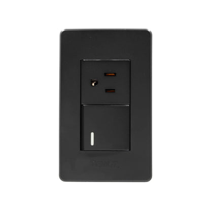 Placa eléctrica Genlit negra con 1 apagador de luz iluminado y 1 toma de corriente.