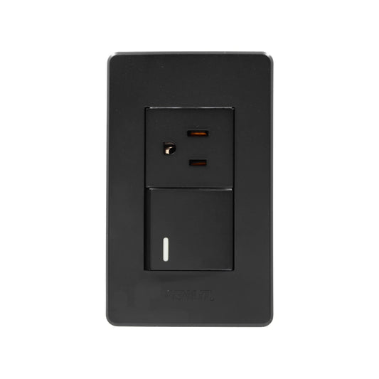 Placa eléctrica Genlit negra con 1 apagador de luz iluminado y 1 toma de corriente.