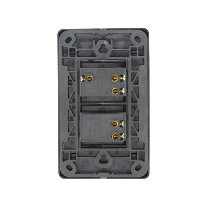 Placa interruptor doble negra, vista trasera con terminales de latón para conexiones eléctricas